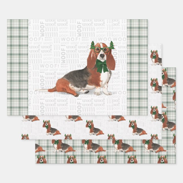 Basset Hound Christmas Dog and Green Holiday Plaid Wrapping Paper Sheet (Set)