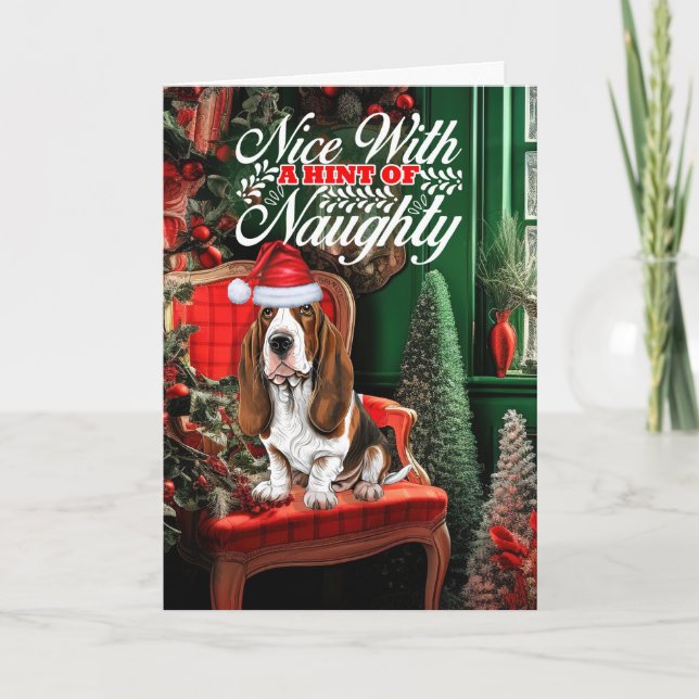 Basset Hound Christmas Dog Naughty or Nice Holiday Card (Front)
