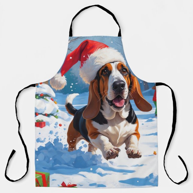 Basset Hound Christmas Festive Snow Scene Apron (Front)