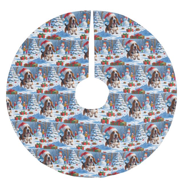 Basset Hound Christmas Festive Snow Scene Brushed Polyester Tree Skirt (Front)