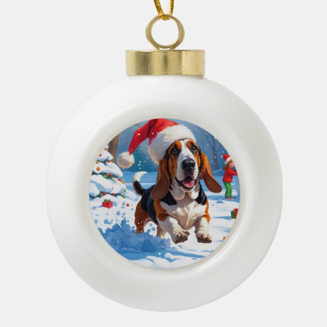 Basset Hound Christmas Festive Snow Scene Ceramic Ball Christmas Ornament (Front)