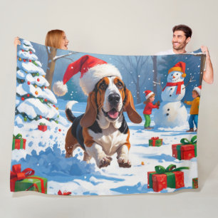 Basset Hound Christmas Festive Snow Scene Fleece Blanket