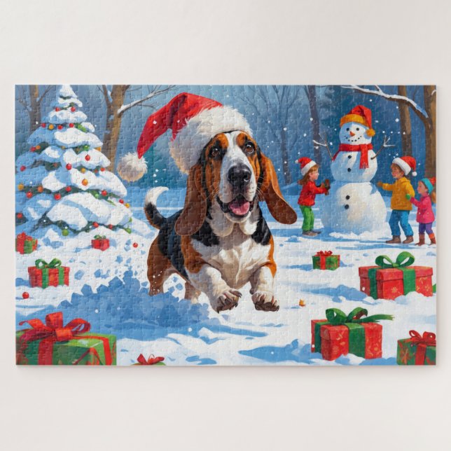 Basset Hound Christmas Festive Snow Scene Jigsaw Puzzle (Horizontal)