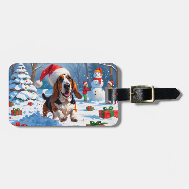Basset Hound Christmas Festive Snow Scene Luggage Tag (Front Horizontal)