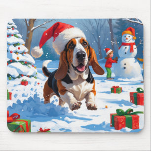 Basset Hound Christmas Festive Snow Scene Mouse Mat