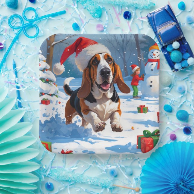 Basset Hound Christmas Festive Snow Scene Paper Plate (Party)