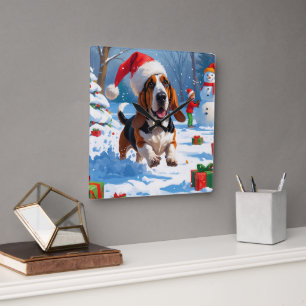 Basset Hound Christmas Festive Snow Scene Square Wall Clock