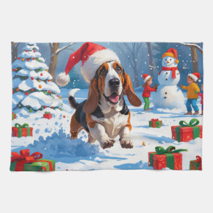 Basset Hound Christmas Festive Snow Scene Tea Towel