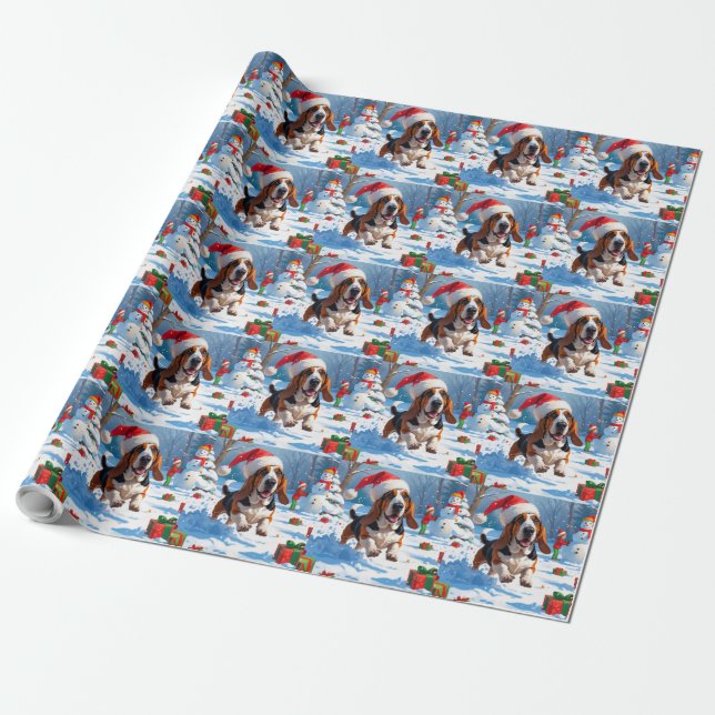 Basset Hound Christmas Festive Snow Scene Wrapping Paper (Unrolled)