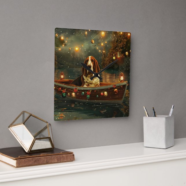 Basset Hound Christmas Festive Voyage Square Wall Clock (Office)