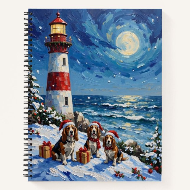 Basset Hound Christmas Lighthouse Holiday Notebook (Front)