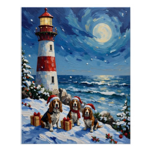 Basset Hound Christmas Lighthouse Holiday Poster