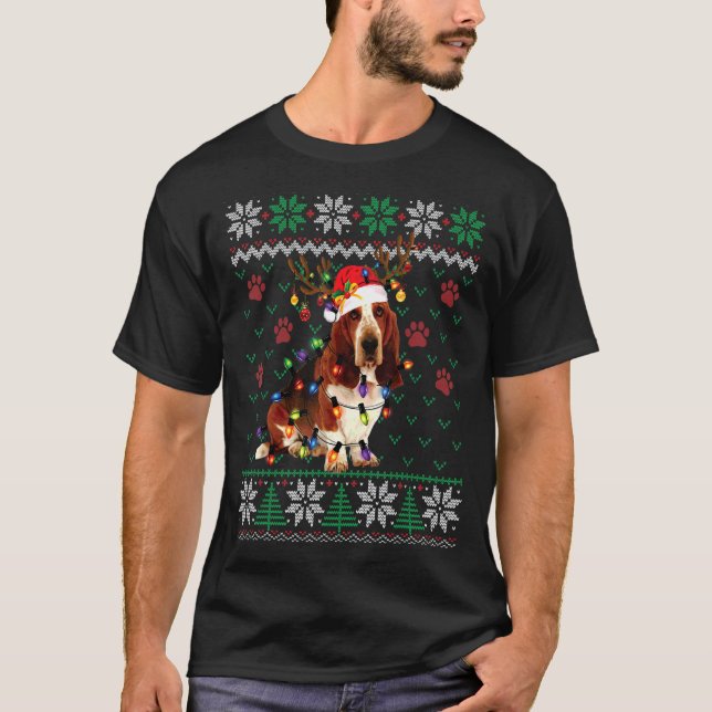 Basset Hound Christmas Lights Santa Dog  Ugly Swea T-Shirt (Front)