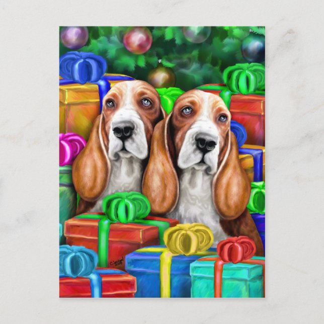 Basset Hound Christmas Open Gifts Holiday Postcard (Front)