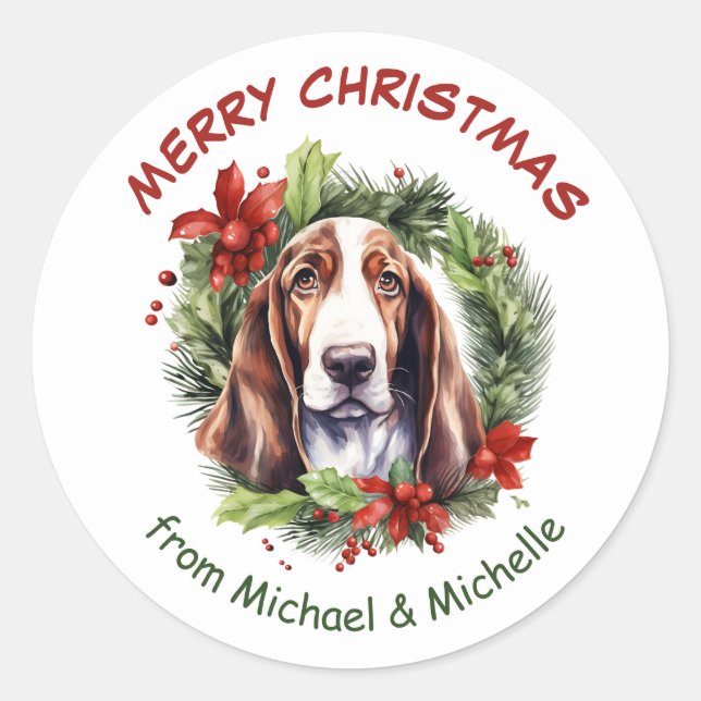 Basset Hound Christmas Poinsettia Wreath Classic Round Sticker (Front)