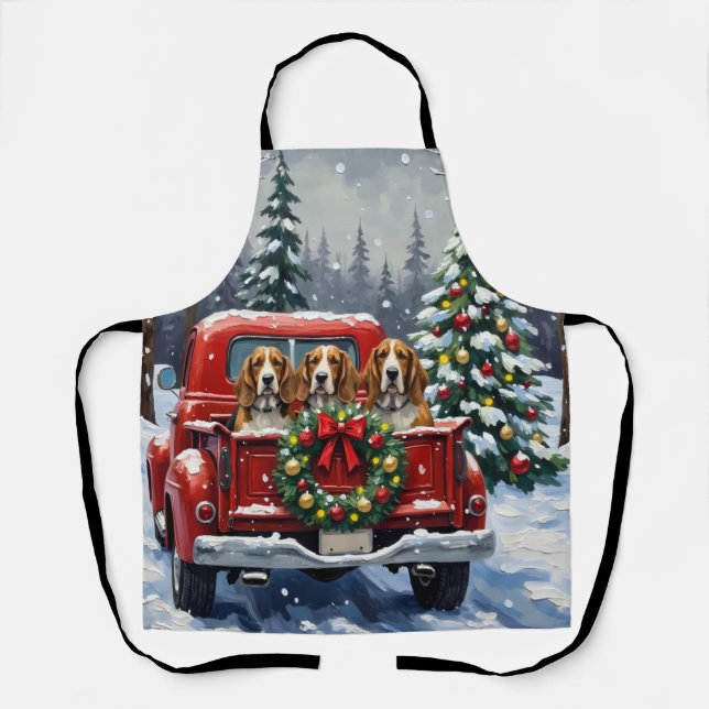 Basset Hound Christmas Red Truck Holiday Apron (Front)