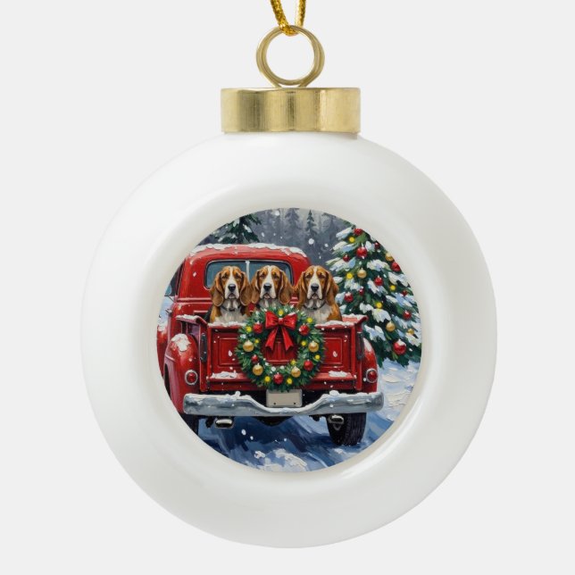 Basset Hound Christmas Red Truck Holiday Ceramic Ball Christmas Ornament (Front)