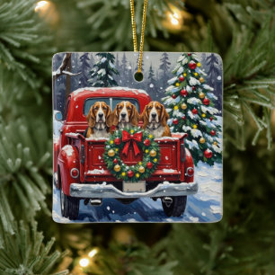 Basset Hound Christmas Red Truck Holiday Ceramic Ornament