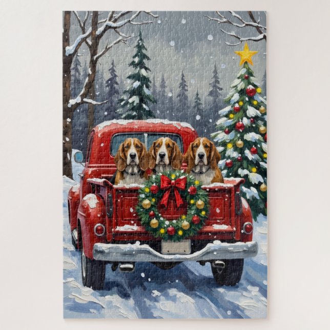 Basset Hound Christmas Red Truck Holiday Jigsaw Puzzle (Vertical)