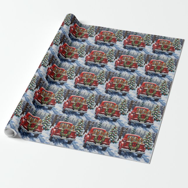 Basset Hound Christmas Red Truck Holiday Wrapping Paper (Unrolled)