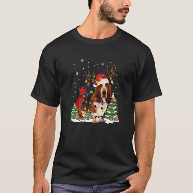 Basset Hound Christmas Reindeer Santa Hat Pajama T-Shirt (Front)