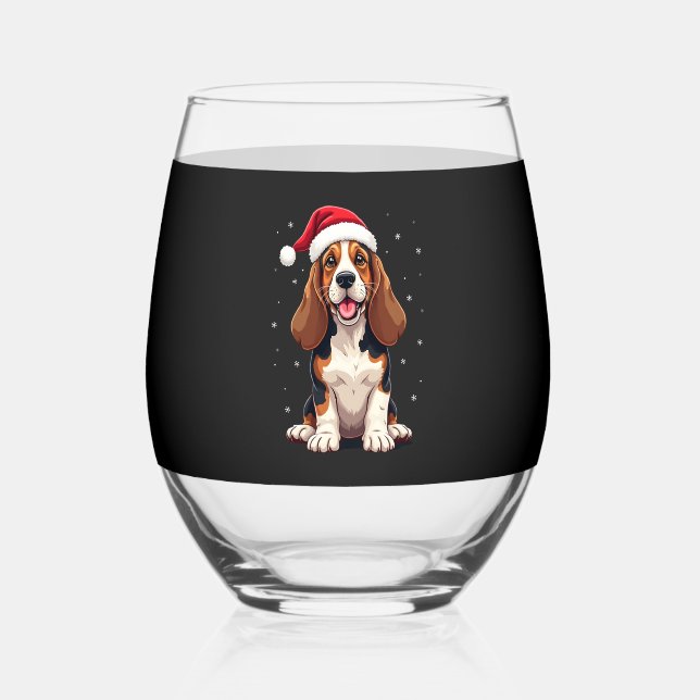 Basset Hound Christmas Tank Top Stemless Wine Glass (Front)