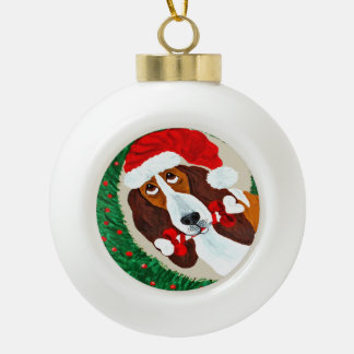 Basset Hound Christmas Wreath Ceramic Ball Christmas Ornament