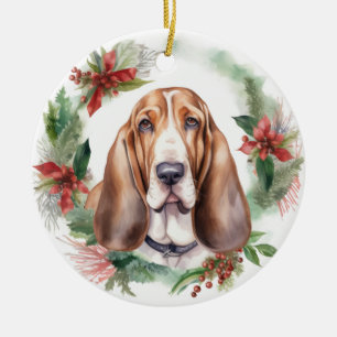 Basset Hound Christmas Wreath Festive Pup  Ceramic Tree Decoration