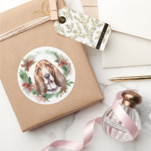 Basset Hound Christmas Wreath Festive Pup  Classic Round Sticker