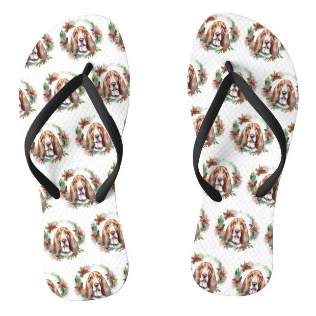 Basset Hound Christmas Wreath Festive Pup  Flip Flops (Footbed)