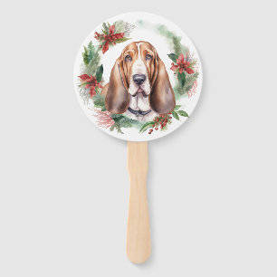 Basset Hound Christmas Wreath Festive Pup  Hand Fan