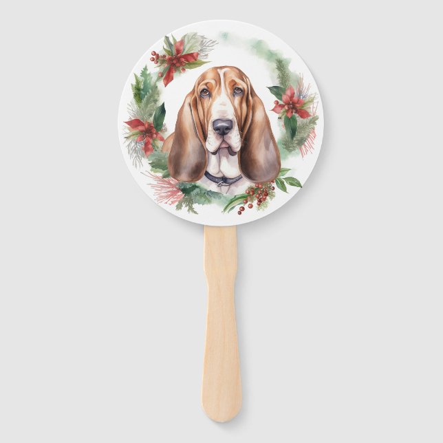 Basset Hound Christmas Wreath Festive Pup  Hand Fan (Front)
