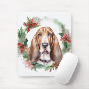 Basset Hound Christmas Wreath Festive Pup Mouse Mat