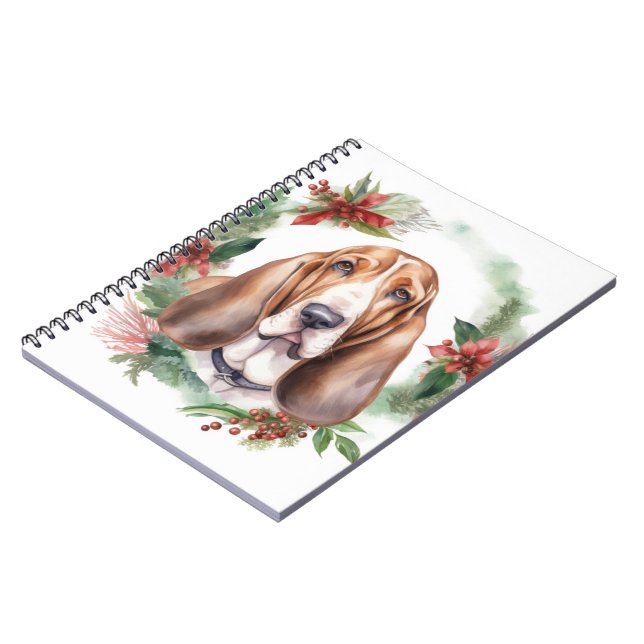 Basset Hound Christmas Wreath Festive Pup  Notebook (Left Side)
