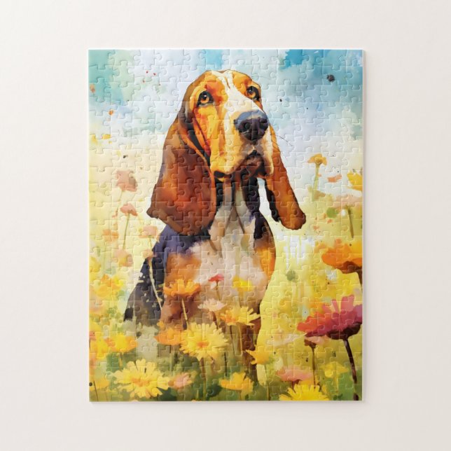 Basset Hound colourful watercolor artwork Jigsaw Puzzle (Vertical)