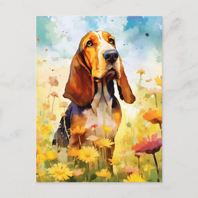 Basset Hound colourful watercolor artwork Postcard (Front)
