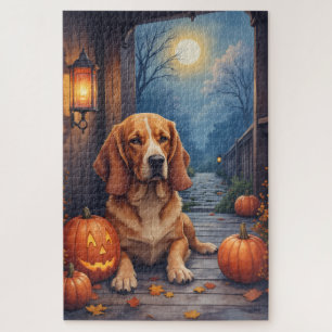 Basset Hound Cosy Porch Halloween Art Jigsaw Puzzle