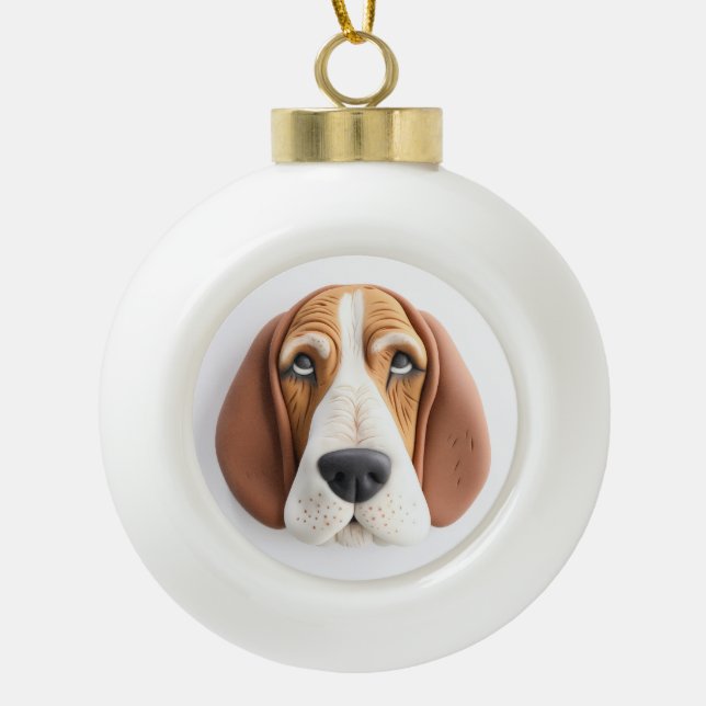 Basset Hound Dog 3D Inspired Ceramic Ball Christmas Ornament (Front)