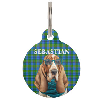 Basset Hound Dog and Blue Plaid Personalised Pet Tag
