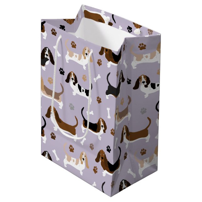 Basset Hound Dog Bones and Paws Medium Gift Bag (Front Angled)