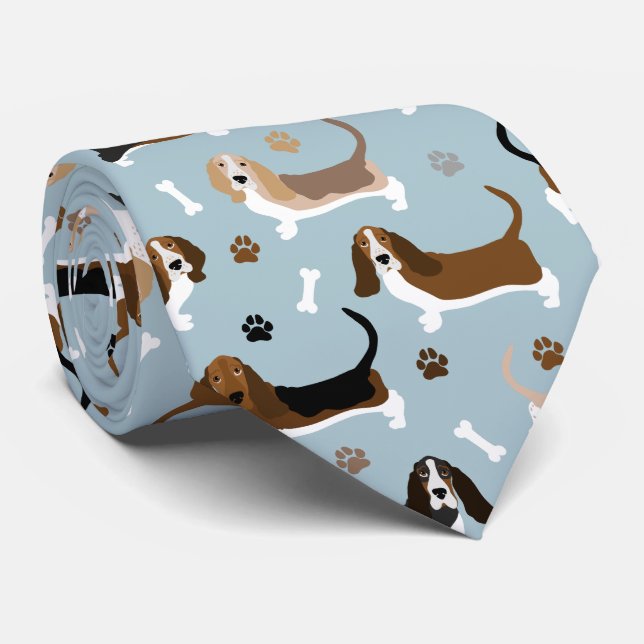 Basset Hound Dog Bones and Paws Neck Tie (Rolled)