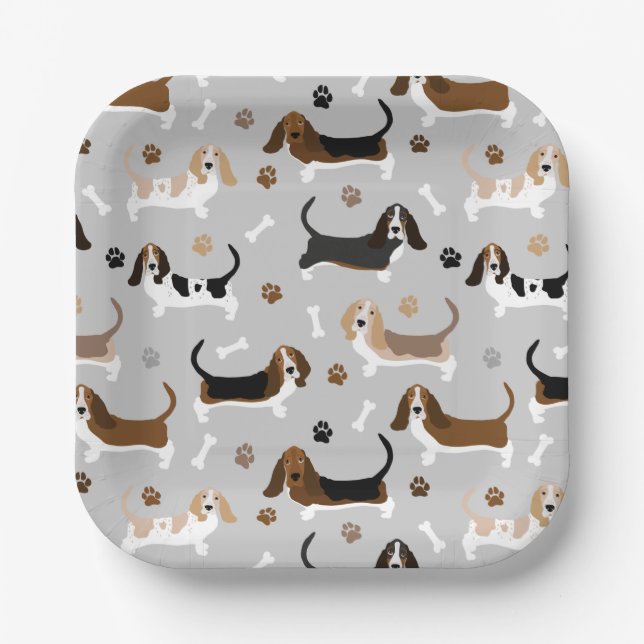 Basset Hound Dog Bones and Paws Paper Plate (Front)