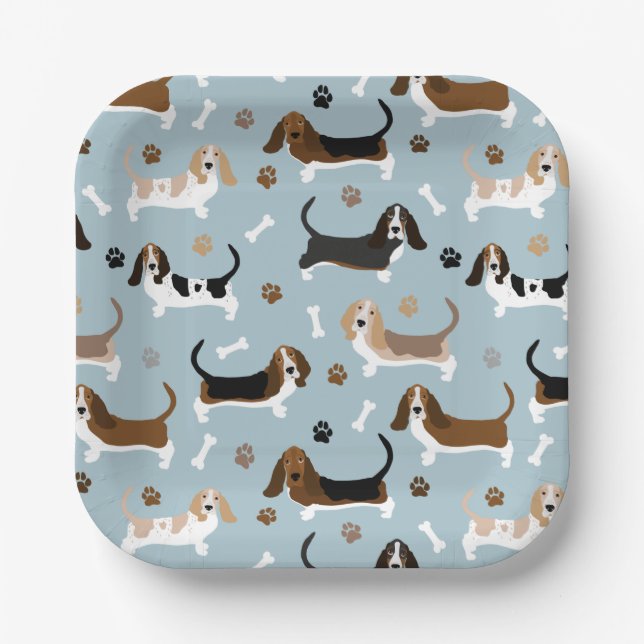 Basset Hound Dog Bones and Paws Paper Plates (Front)