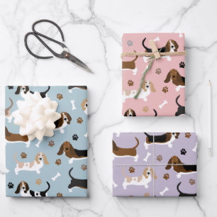 Basset Hound Dog Bones and Paws Wrapping Paper Sheet