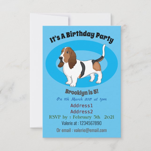 Basset hound dog cartoon illustration  invitation (Front)