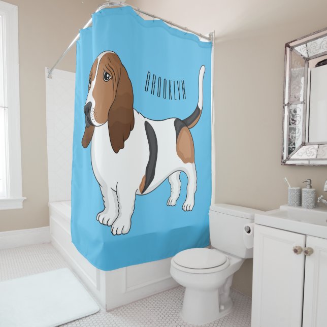 Basset hound dog cartoon illustration shower curtain (In Situ)