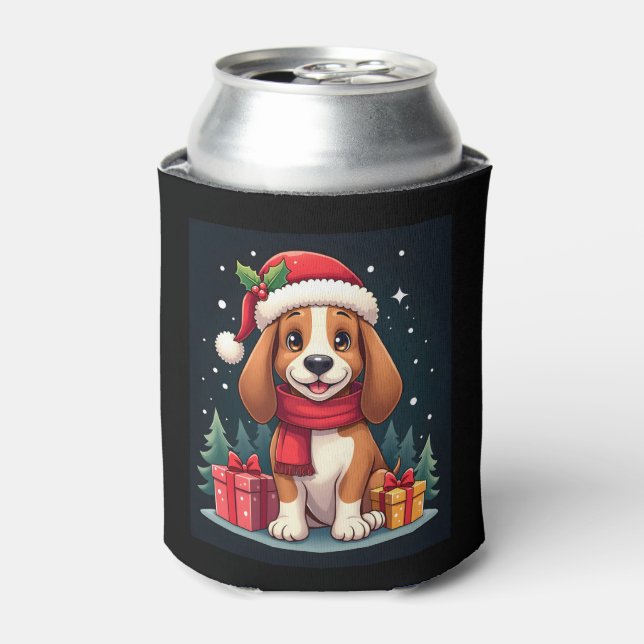 Basset Hound Dog Christmas Outfits Santa Hat Dog X Can Cooler (Can Front)