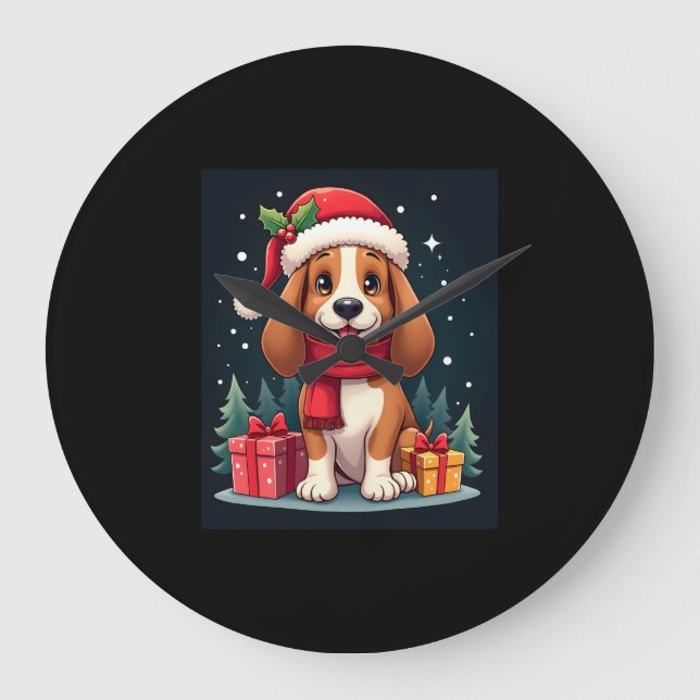 Basset Hound Dog Christmas Outfits Santa Hat Dog X Large Clock (Front)