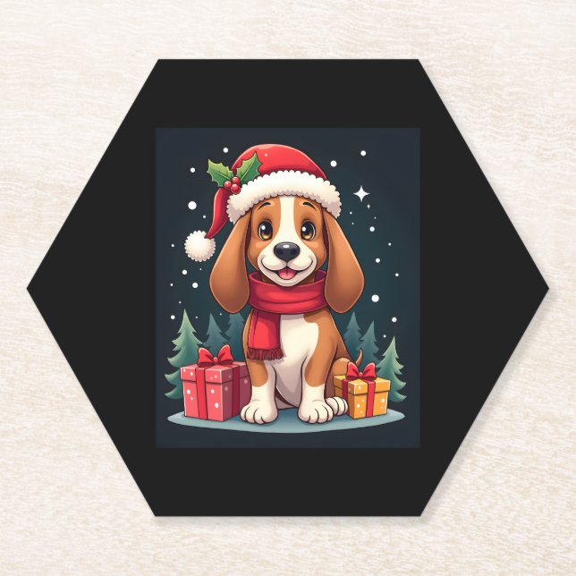 Basset Hound Dog Christmas Outfits Santa Hat Dog X Paper Coaster (Front)