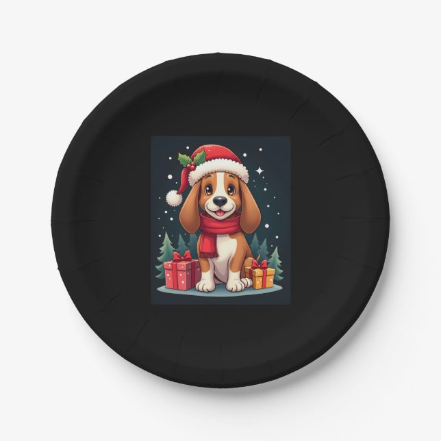 Basset Hound Dog Christmas Outfits Santa Hat Dog X Paper Plate (Front)